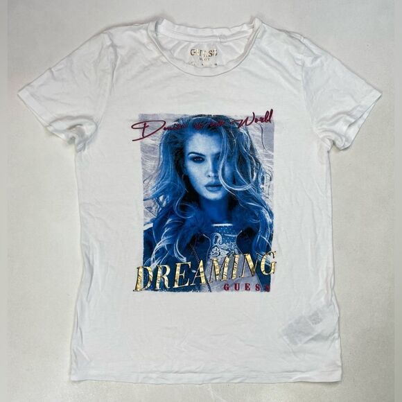 Guess Dreaming Denim Is Are World Graphic T-shirt Women XS White Short Sleeve - Picture 1 of 5